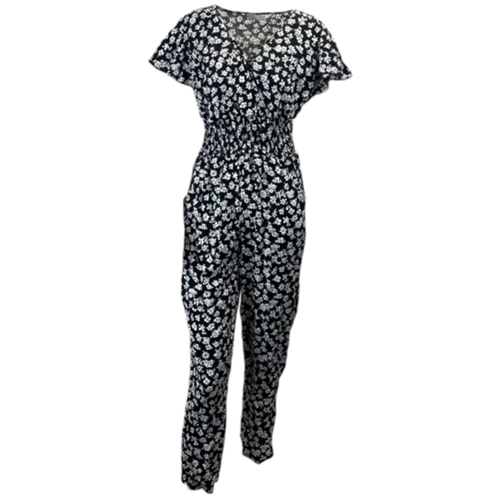 Women's floral print jumpsuit in black with short sleeves and shirred waist